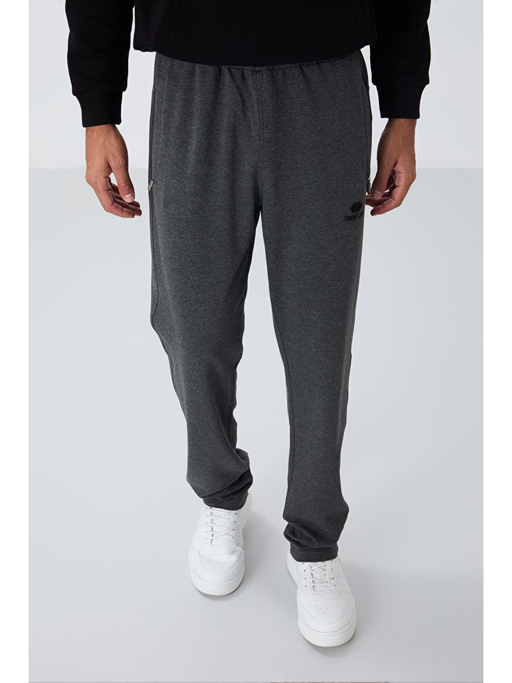 Antrasit Melanj Fermuar Cepli Dar Kalıp Klasik Paça Erkek Eşofman Alt - 84669-1