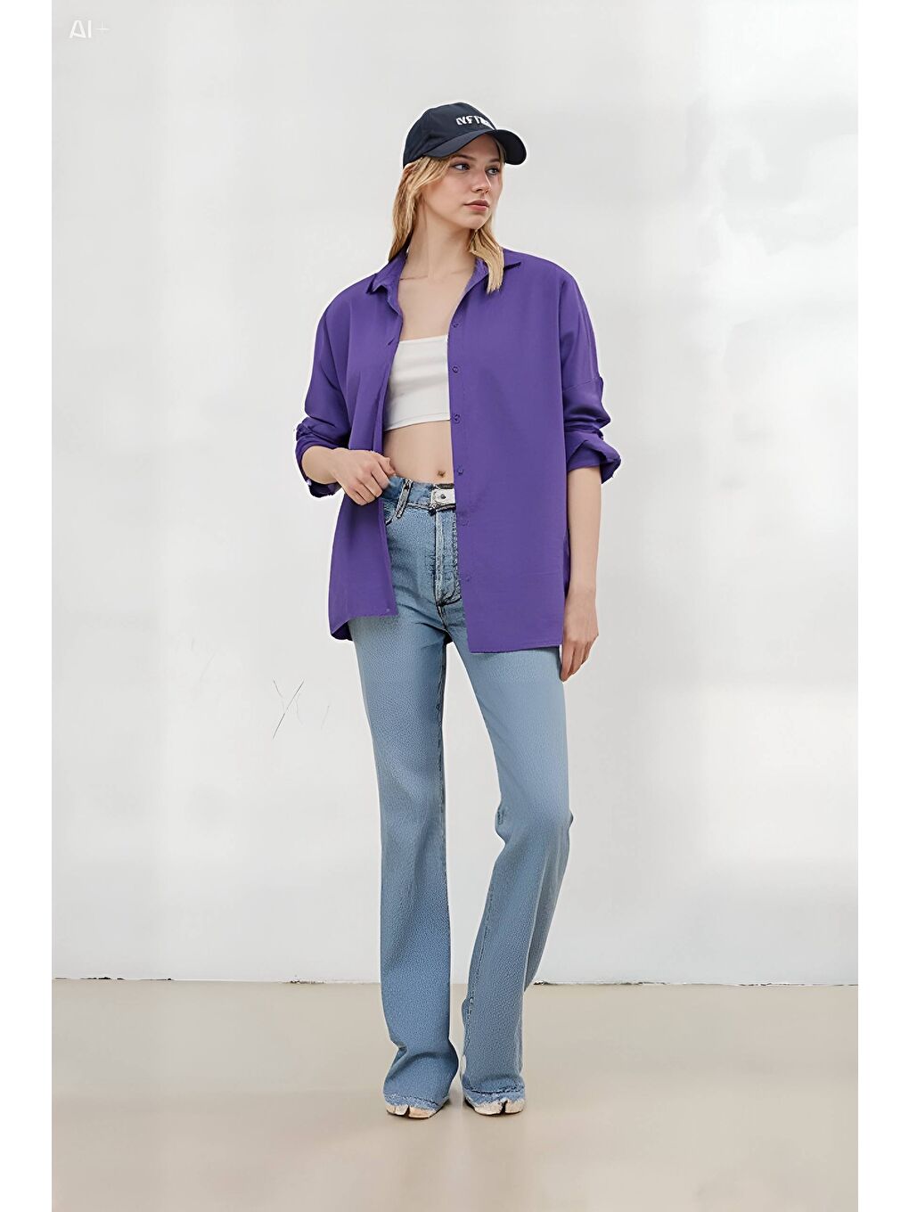 Kadın Mor Oversize Uzun Basic Gömlek Hzl22w-bd139001