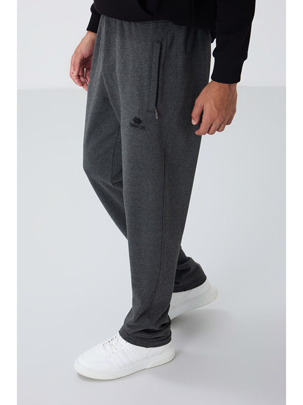 Antrasit Melanj Fermuar Cepli Dar Kalıp Klasik Paça Erkek Eşofman Alt - 84669-2