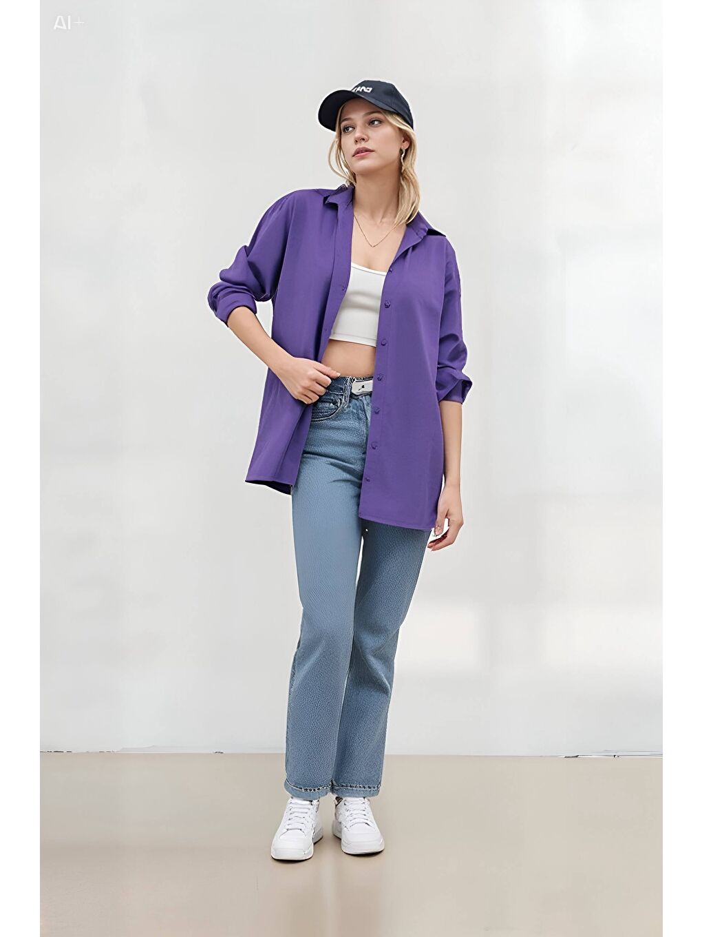 Kadın Mor Oversize Uzun Basic Gömlek Hzl22w-bd139001-1