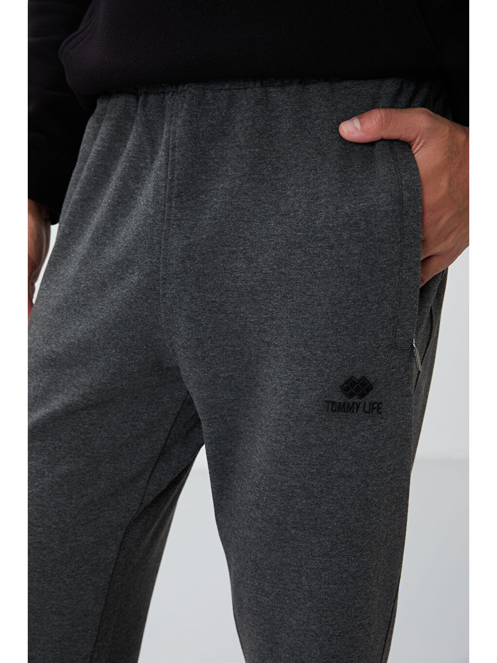 Antrasit Melanj Fermuar Cepli Dar Kalıp Klasik Paça Erkek Eşofman Alt - 84669-3