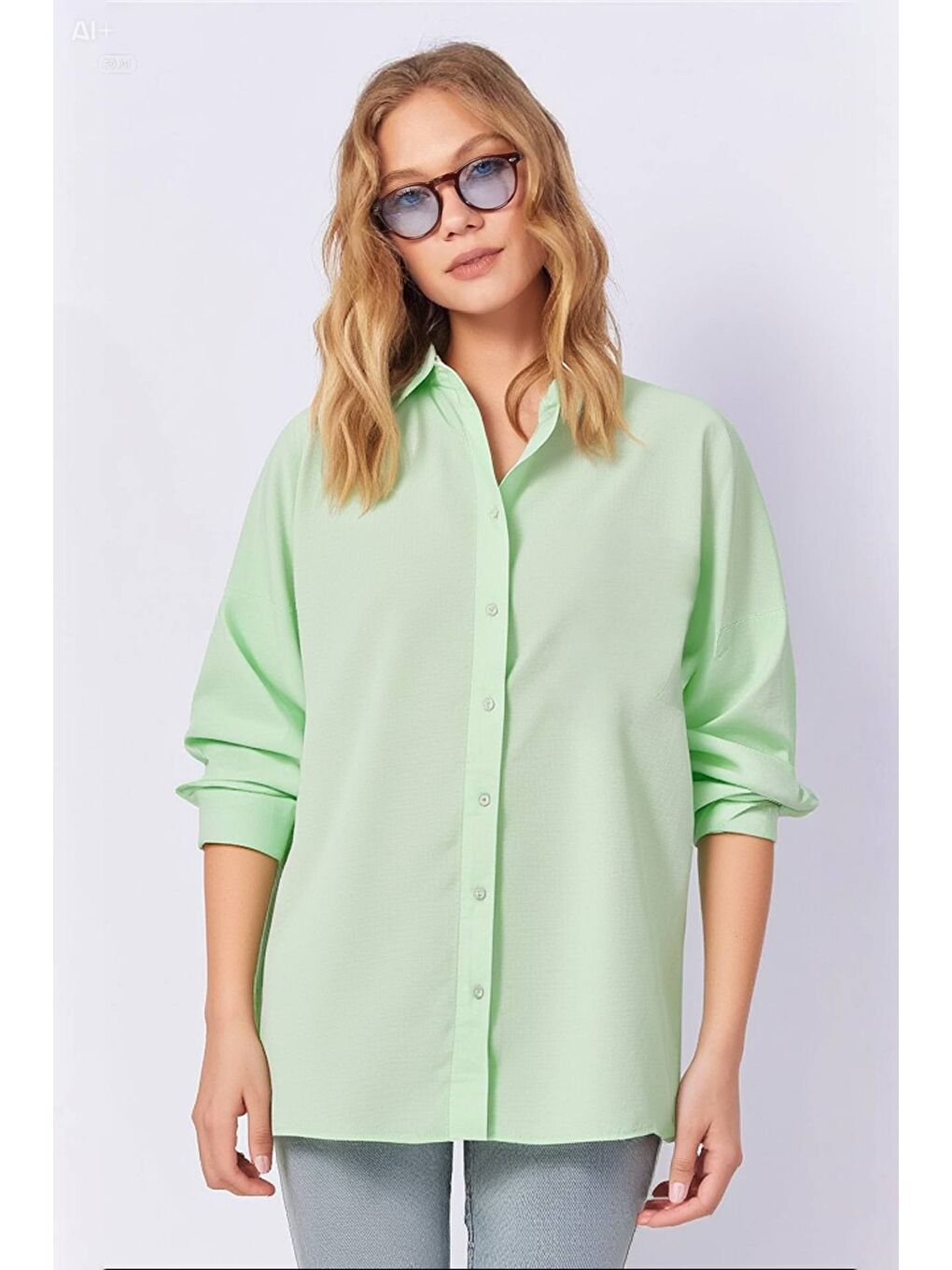 Kadın Açık Yeşil Oversize Uzun Basic Gömlek HZL22W-BD139001