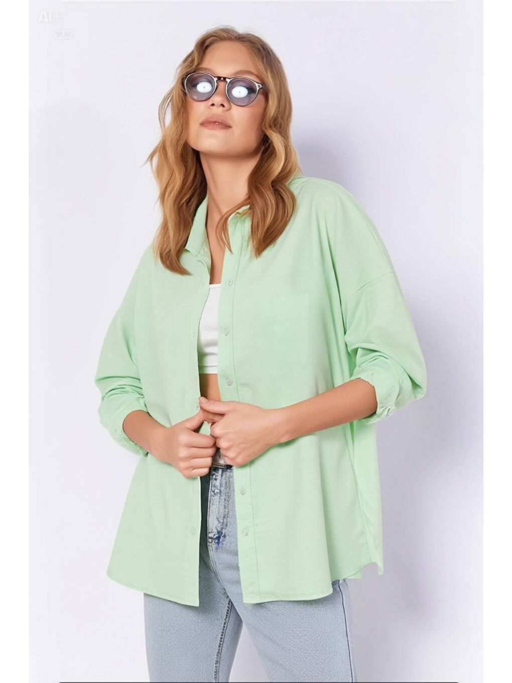 Kadın Açık Yeşil Oversize Uzun Basic Gömlek HZL22W-BD139001-1