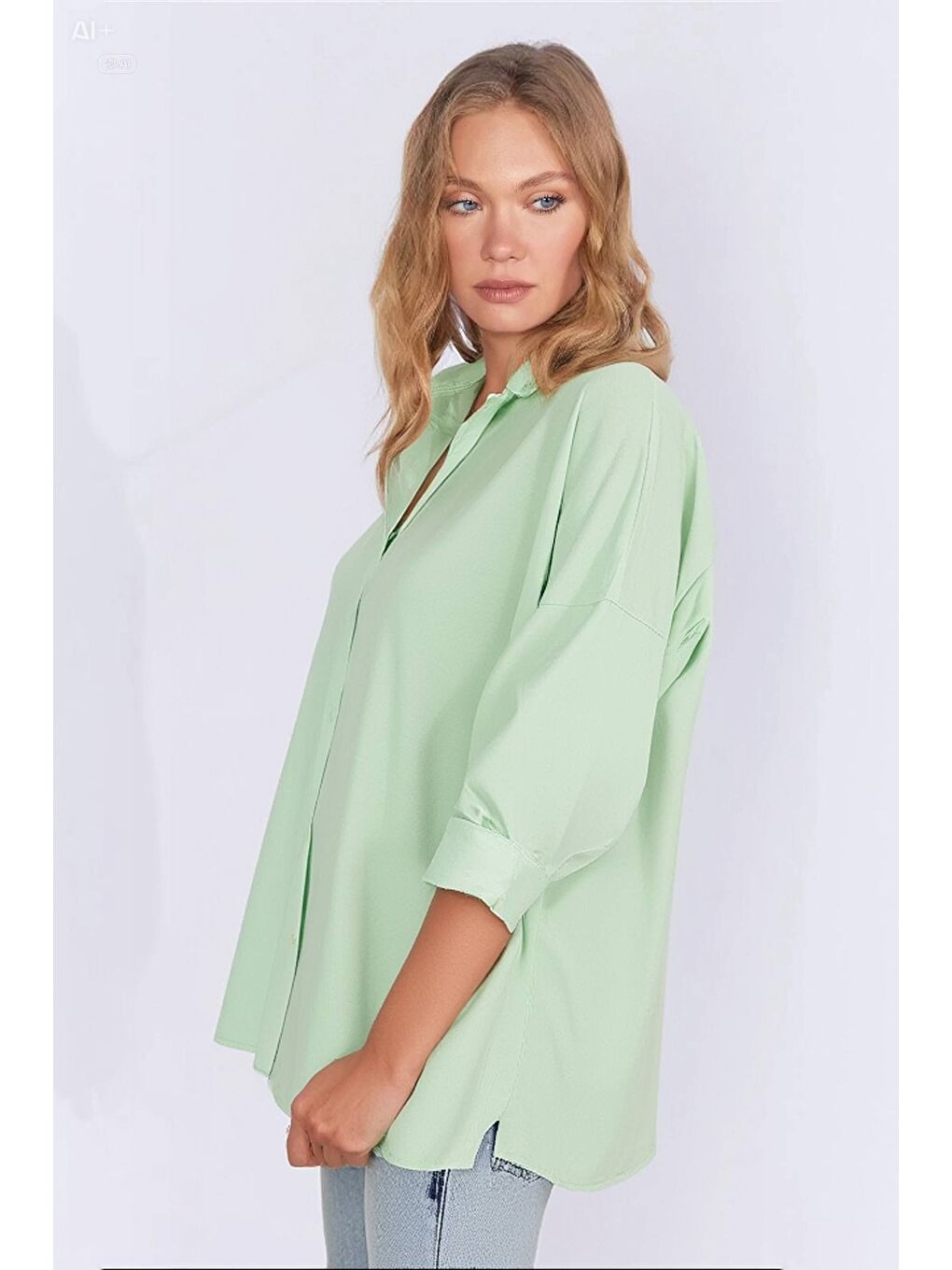 Kadın Açık Yeşil Oversize Uzun Basic Gömlek HZL22W-BD139001-2