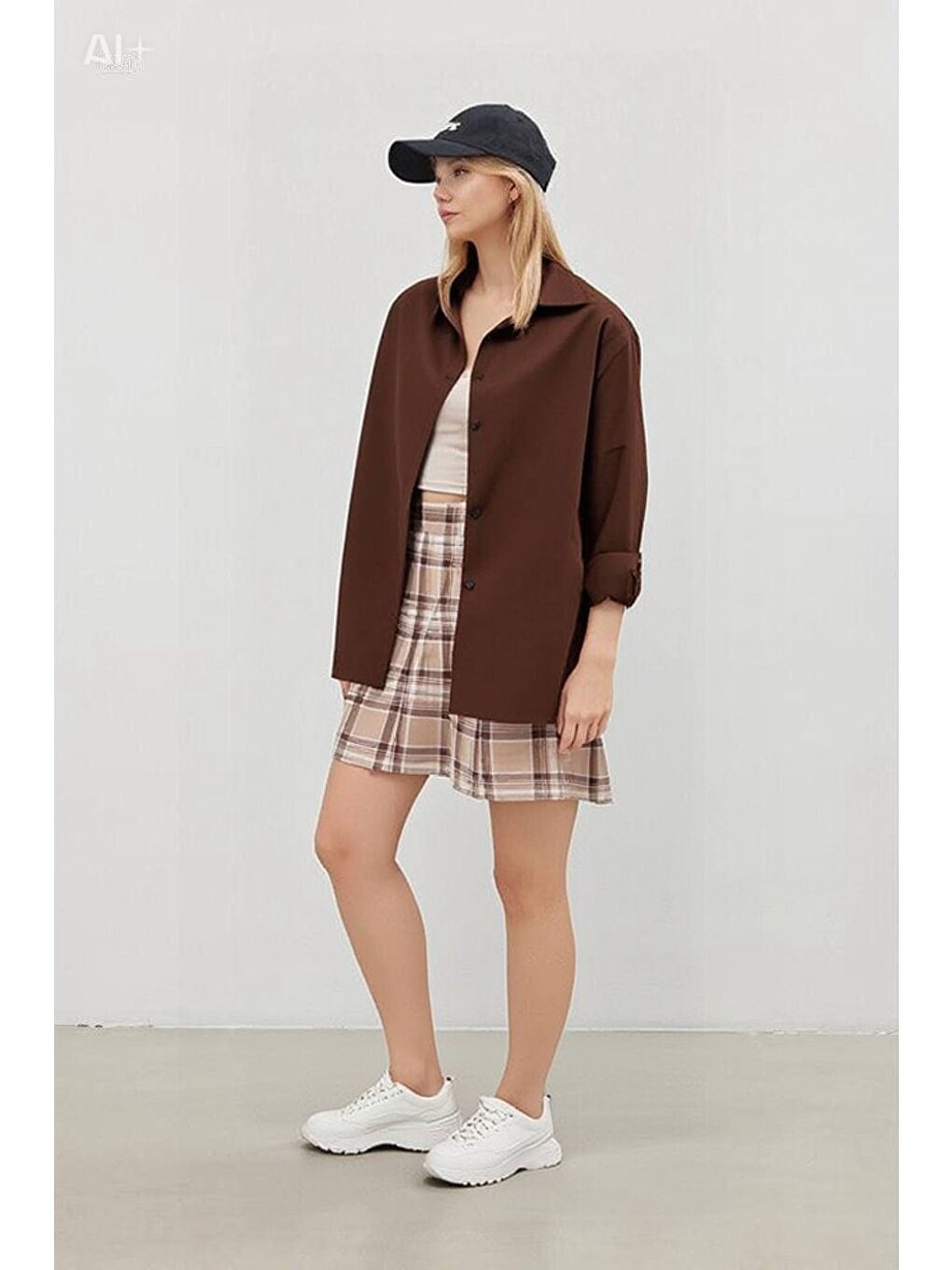 Kahverengi Kadın Çikolata Oversize Uzun Basic Gömlek Hzl22w-bd139001-2