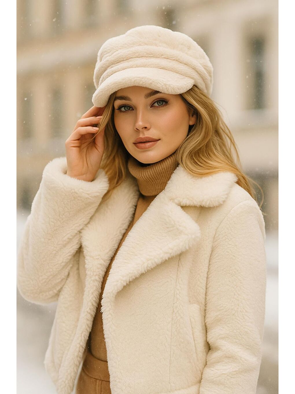 Kadın Bej Pelüş Kaptan-denizci Şapka Spk1128