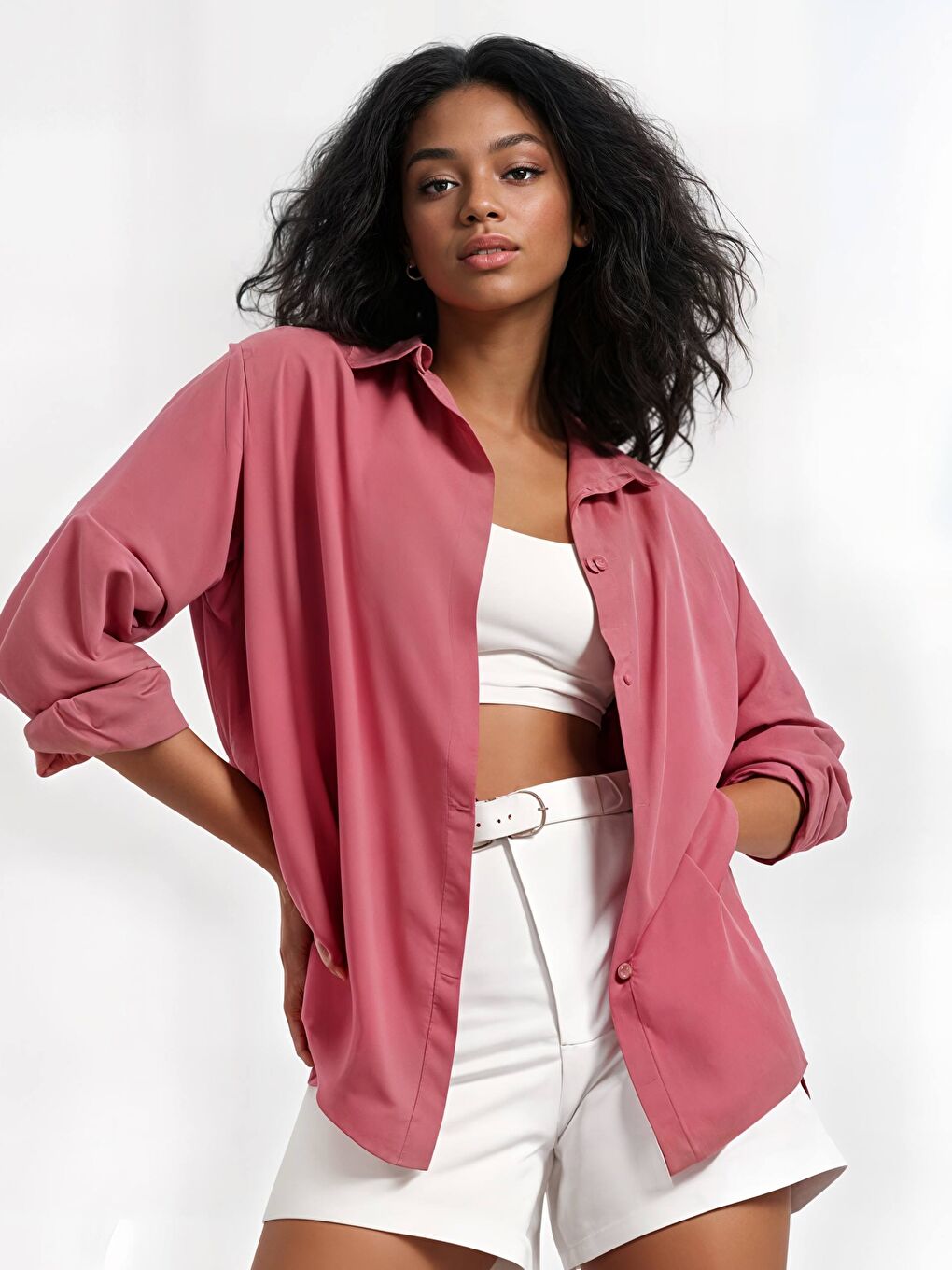 Pembe Kadın Koyu Gül Kurusu Oversize Uzun Basic Gömlek HZL22W-BD139001-3