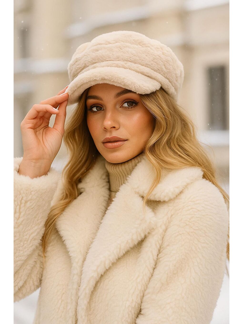 Kadın Bej Pelüş Kaptan-denizci Şapka Spk1128-1