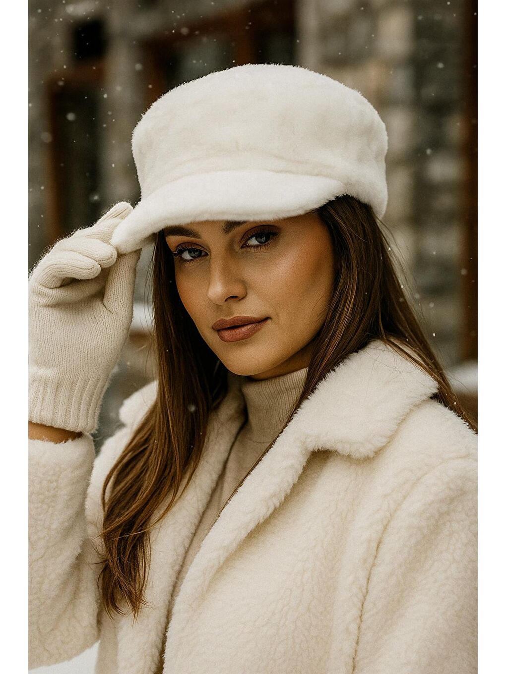 Kadın Ekru Pelüş Kaptan-denizci Şapka Spk1128