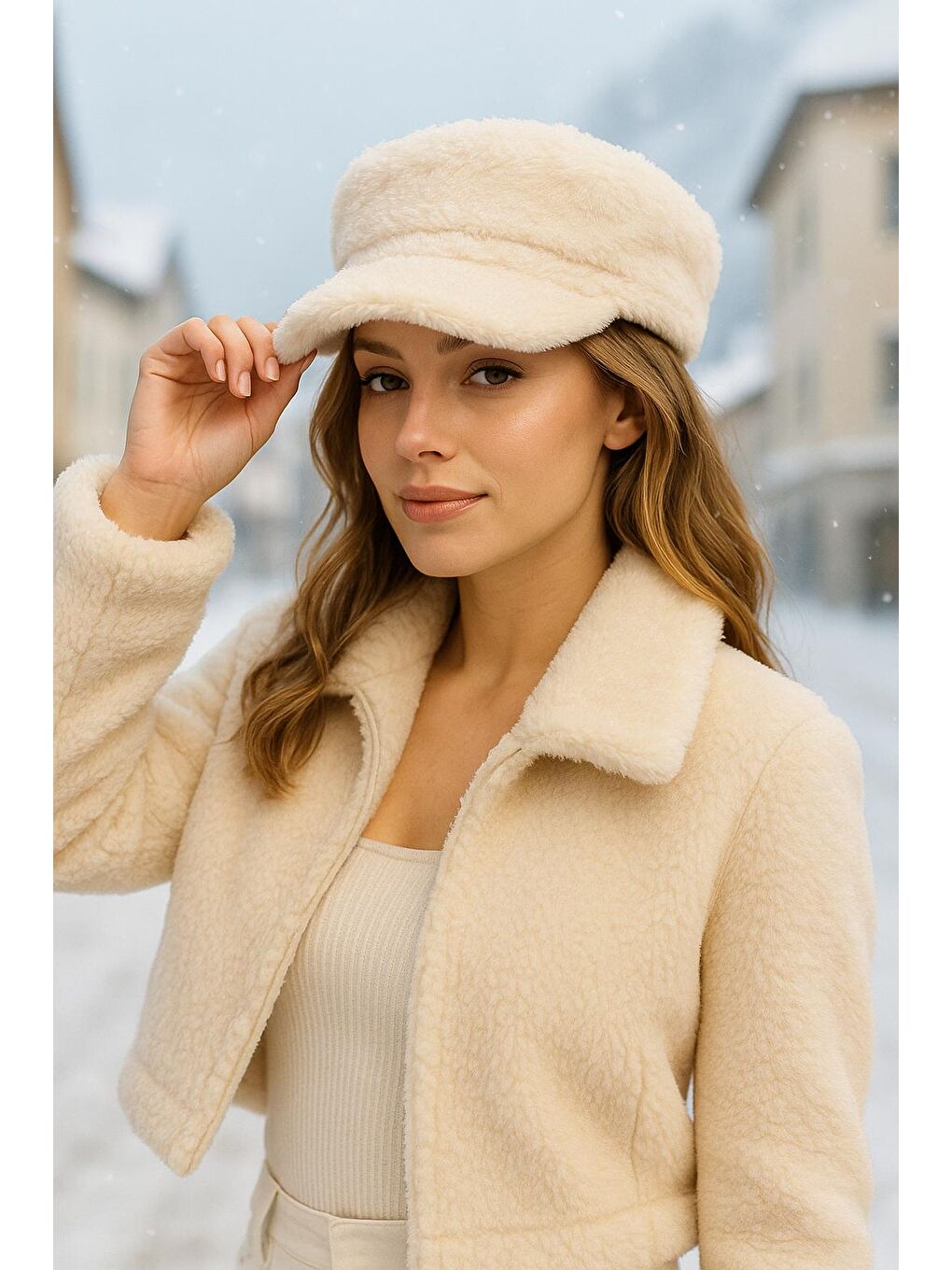 Kadın Bej Pelüş Kaptan-denizci Şapka Spk1128-2