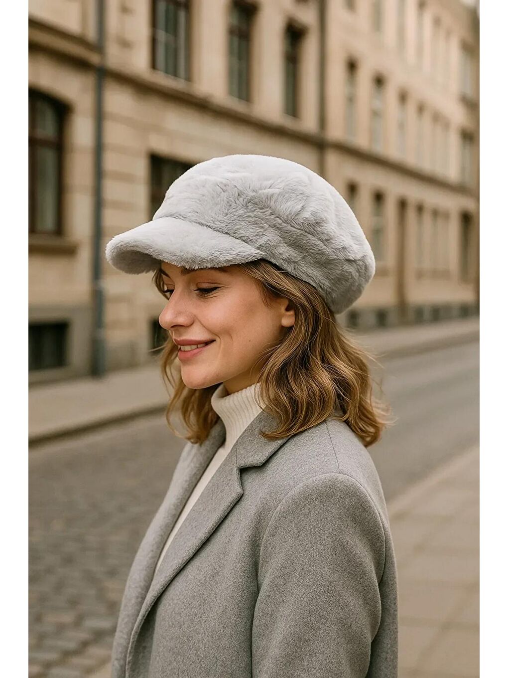 Kadın Gri Pelüş Kaptan-Denizci Şapka SPK1128