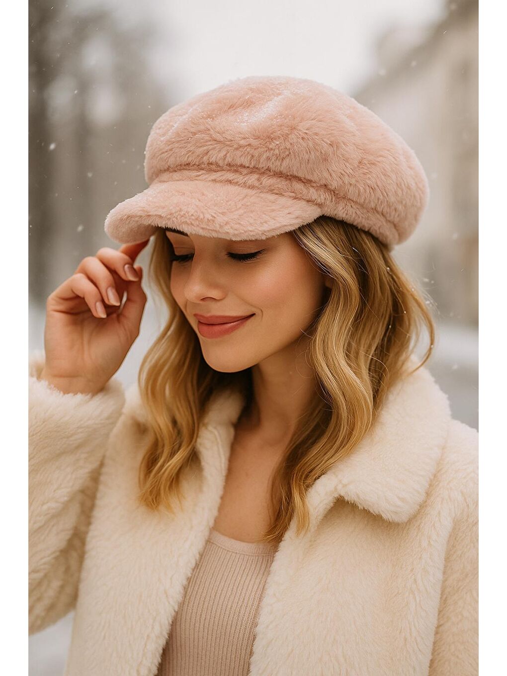 Pembe Kadın Pudra Pelüş Kaptan-denizci Şapka Spk1128-2