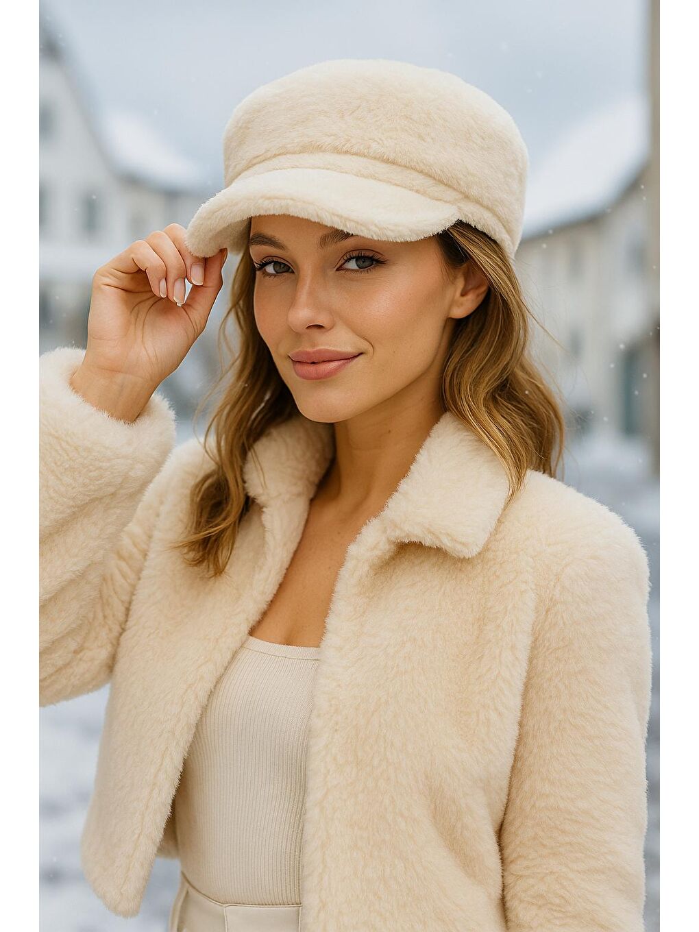 Kadın Bej Pelüş Kaptan-denizci Şapka Spk1128-3