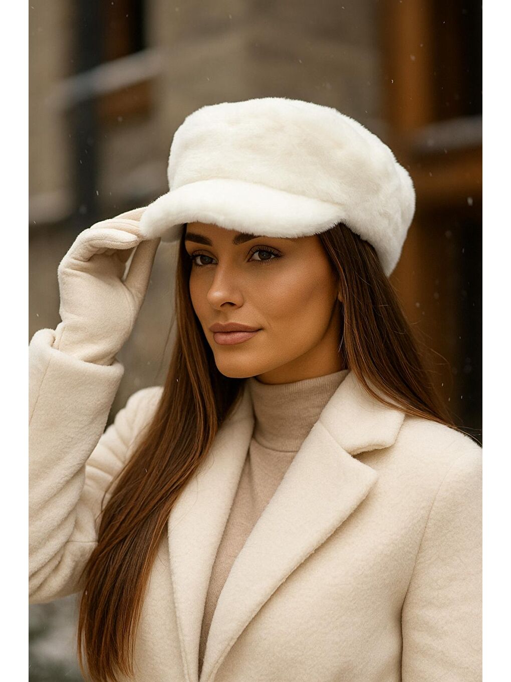 Kadın Ekru Pelüş Kaptan-denizci Şapka Spk1128-1