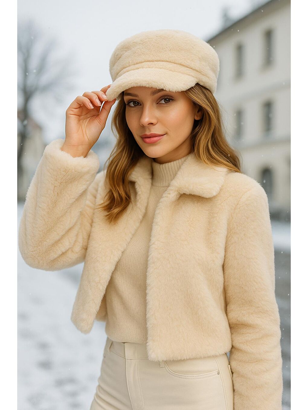 Kadın Bej Pelüş Kaptan-denizci Şapka Spk1128-4