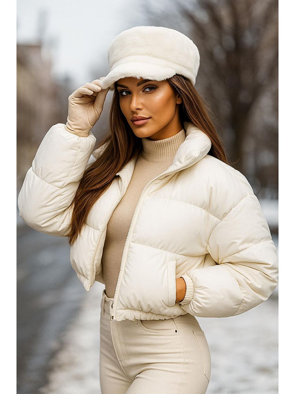 Kadın Ekru Pelüş Kaptan-denizci Şapka Spk1128-2