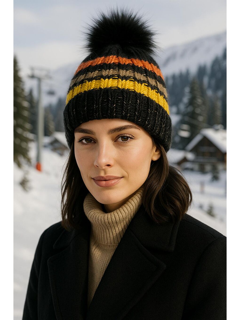 Siyah Ponponlu İçi Yünlü İthal Örgü Bere BERE1133