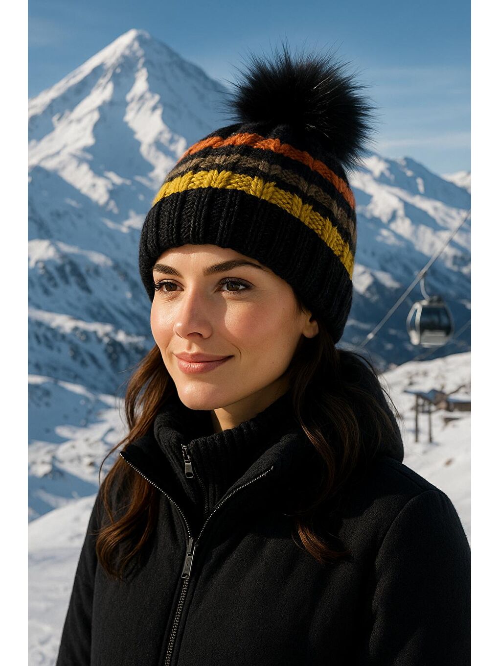 Siyah Ponponlu İçi Yünlü İthal Örgü Bere BERE1133-1