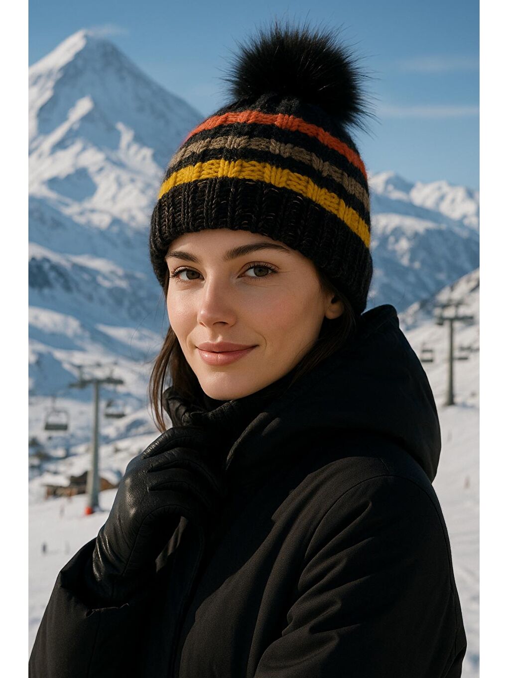 Siyah Ponponlu İçi Yünlü İthal Örgü Bere BERE1133-2