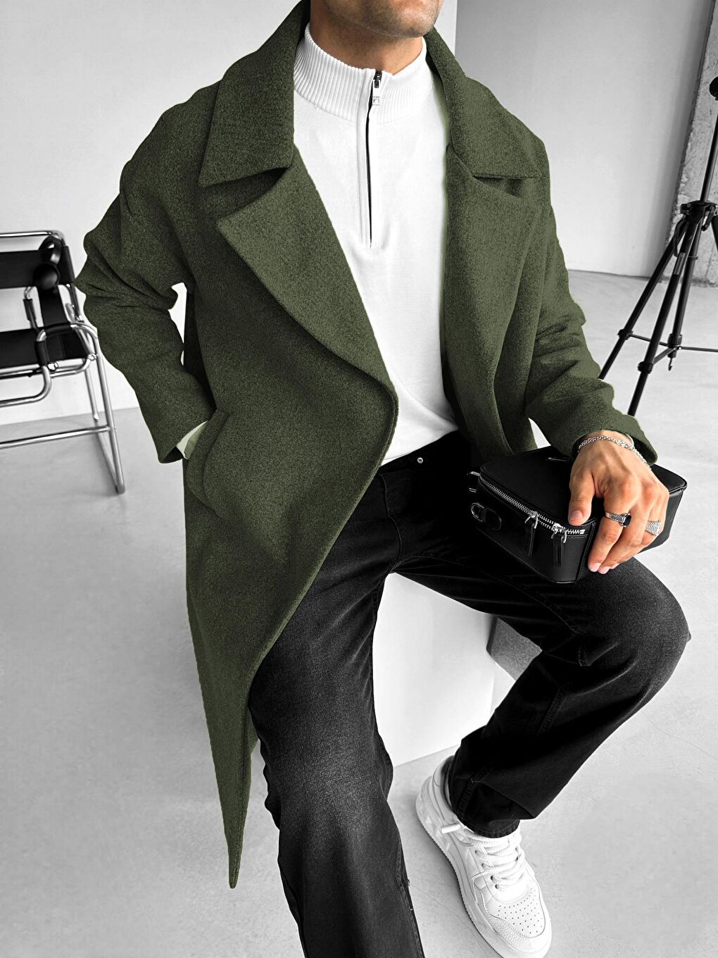 Oversize Rahat Kesim Uzun Erkek Kaşe Kaban Palto Haki