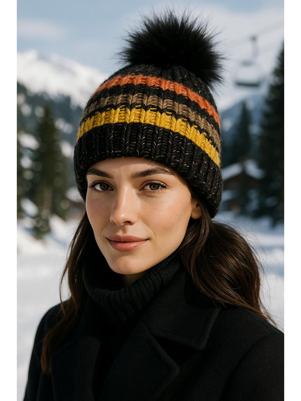 Siyah Ponponlu İçi Yünlü İthal Örgü Bere BERE1133-3