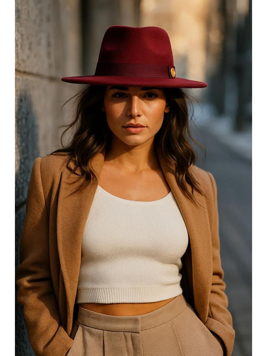 Bordo İthal Geniş Kenarlıklı Ayarlanabilir Fedora Fötr Kaşe Panama Şapka Spk1145