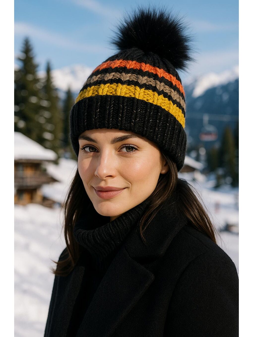 Siyah Ponponlu İçi Yünlü İthal Örgü Bere BERE1133-4