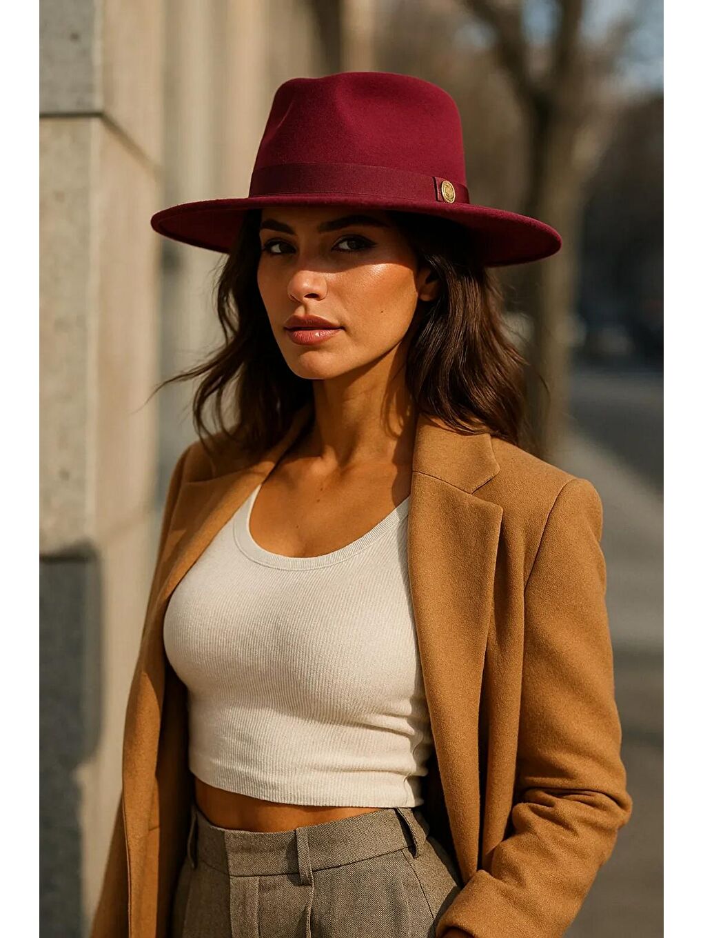 Bordo İthal Geniş Kenarlıklı Ayarlanabilir Fedora Fötr Kaşe Panama Şapka Spk1145-1