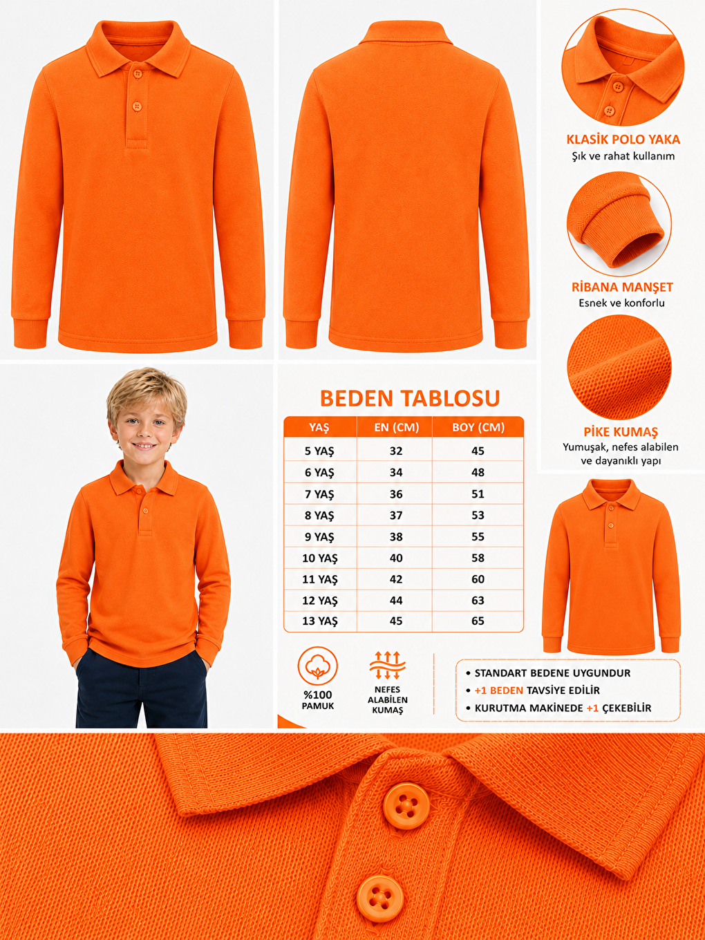 Turuncu Kids Polo Yaka Basic Uzun Kollu Unisex Erkek Çocuk Tişört-1