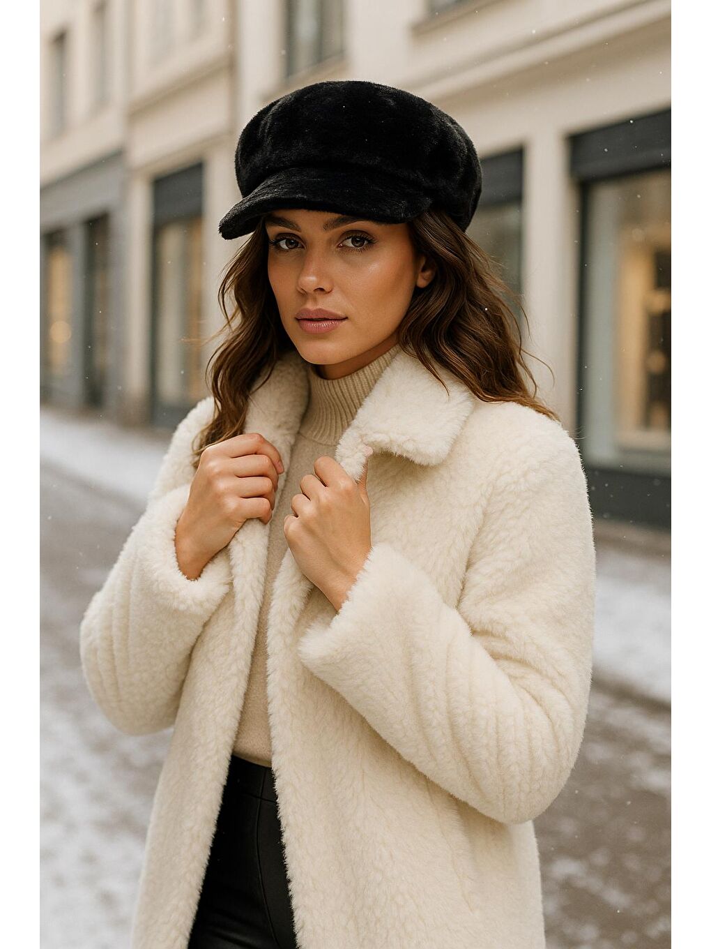 Kadın Siyah Pelüş Kaptan-denizci Şapka Spk1128-1