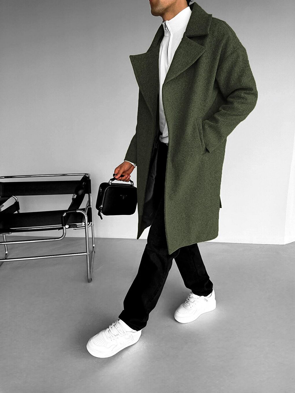 Oversize Rahat Kesim Uzun Erkek Kaşe Kaban Palto Haki-2