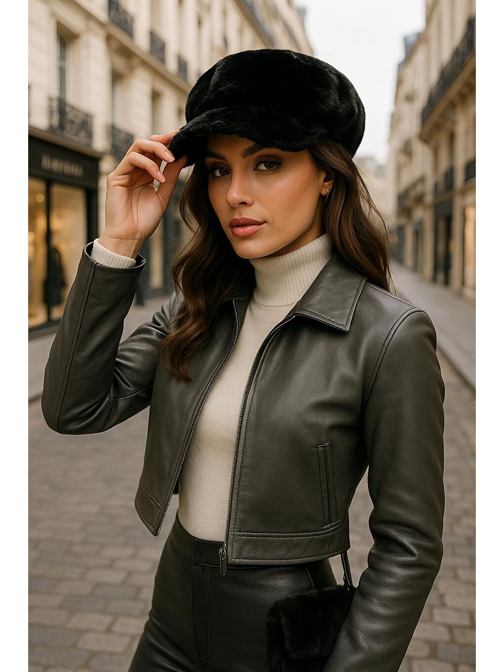 Kadın Siyah Pelüş Kaptan-denizci Şapka Spk1128-2