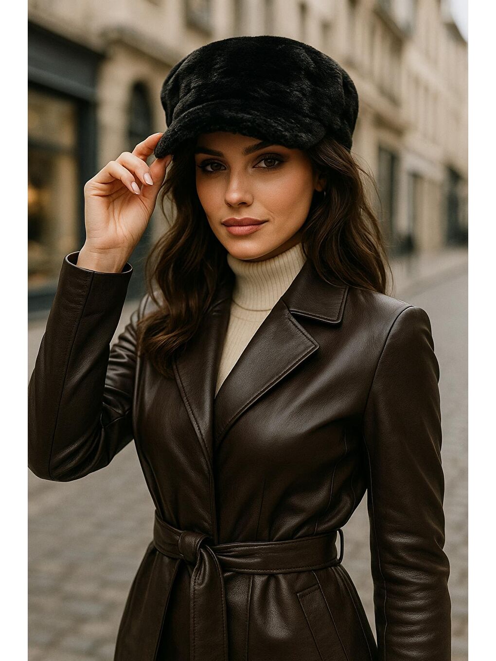 Kadın Siyah Pelüş Kaptan-denizci Şapka Spk1128-3