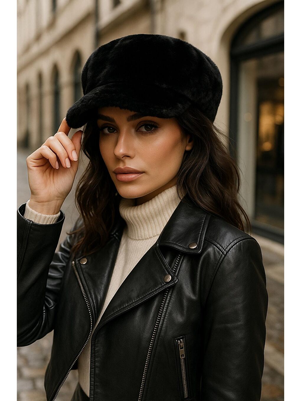 Kadın Siyah Pelüş Kaptan-denizci Şapka Spk1128-4