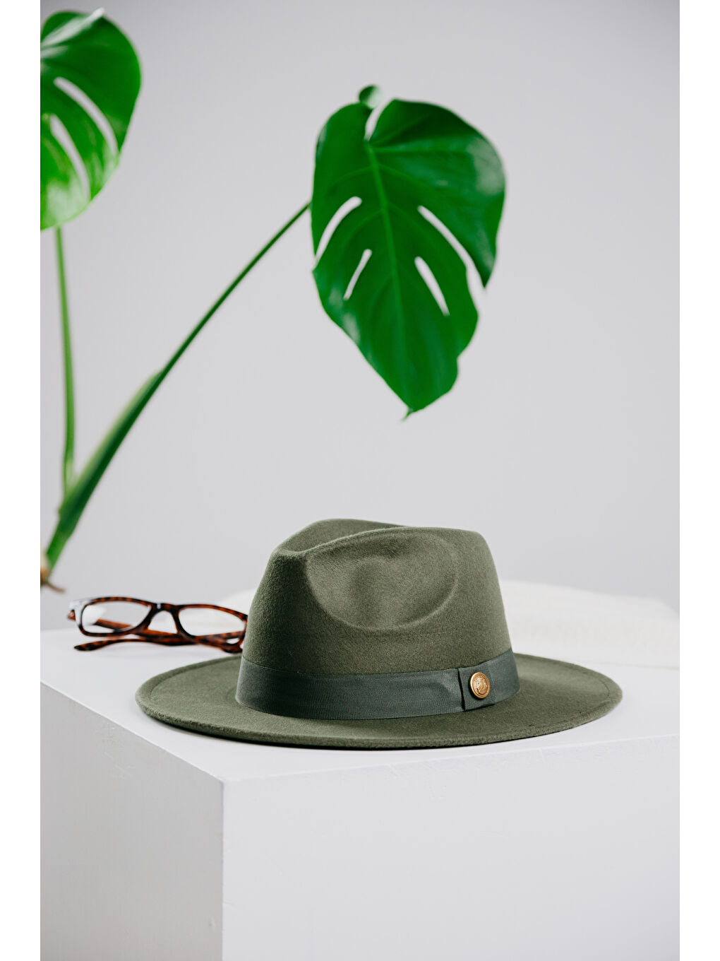 Trendy Fötr Şapka Haki Bant Detaylı Dekoratif Aksesuar Unisex Ve Rahat Tasarım Spk1145-2