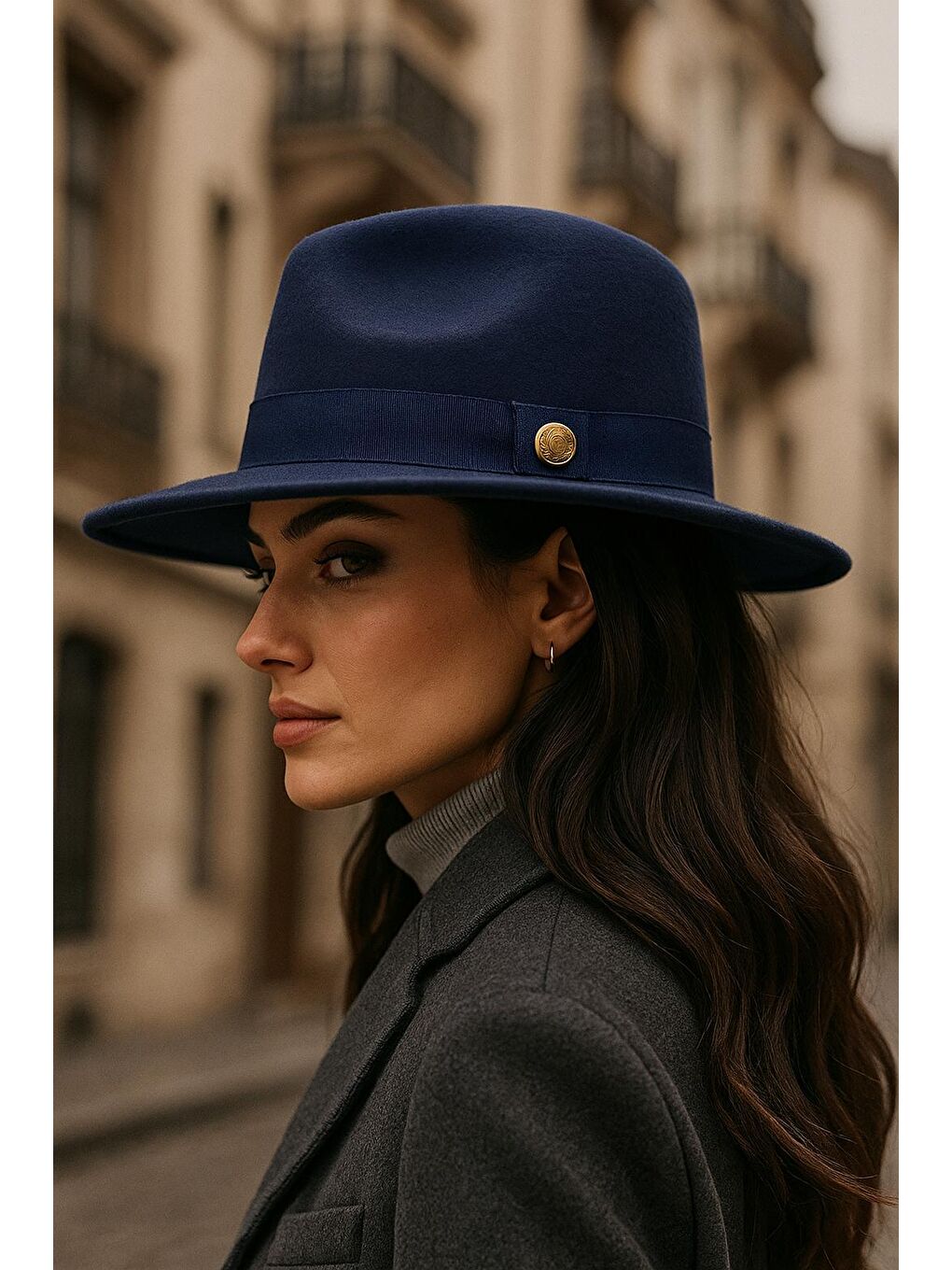 Modern Tasarım Lacivert Geniş Kenarlı Metal Düğme Detaylı Şapka Spk1145-1