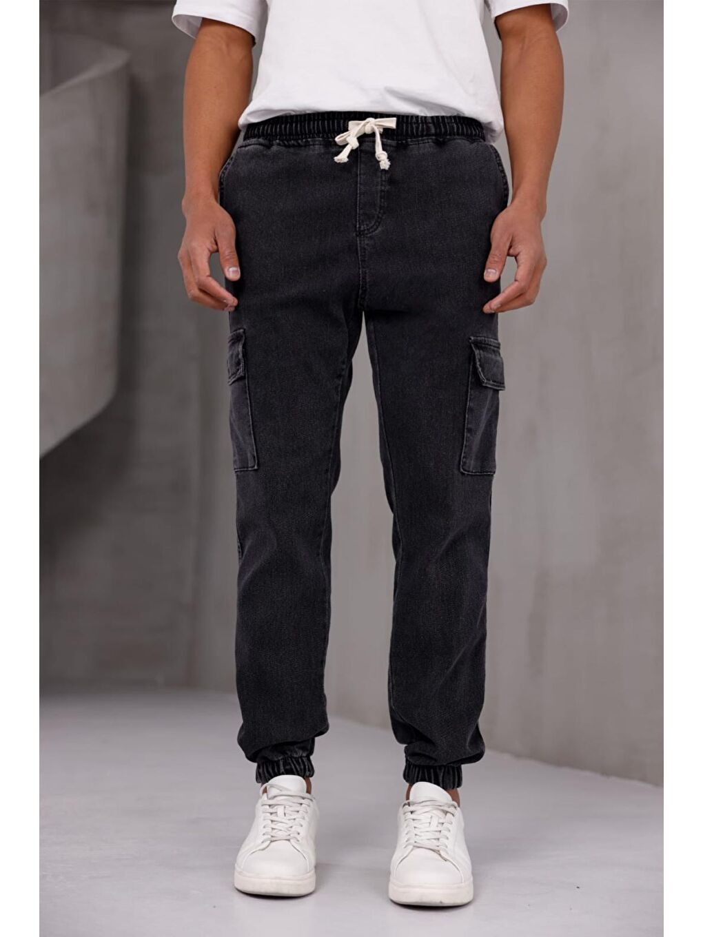 Antrasit Dasser Paçası ve Beli Lastikli Slim Fit Elastanlı Jean Kargo Pantolon-1