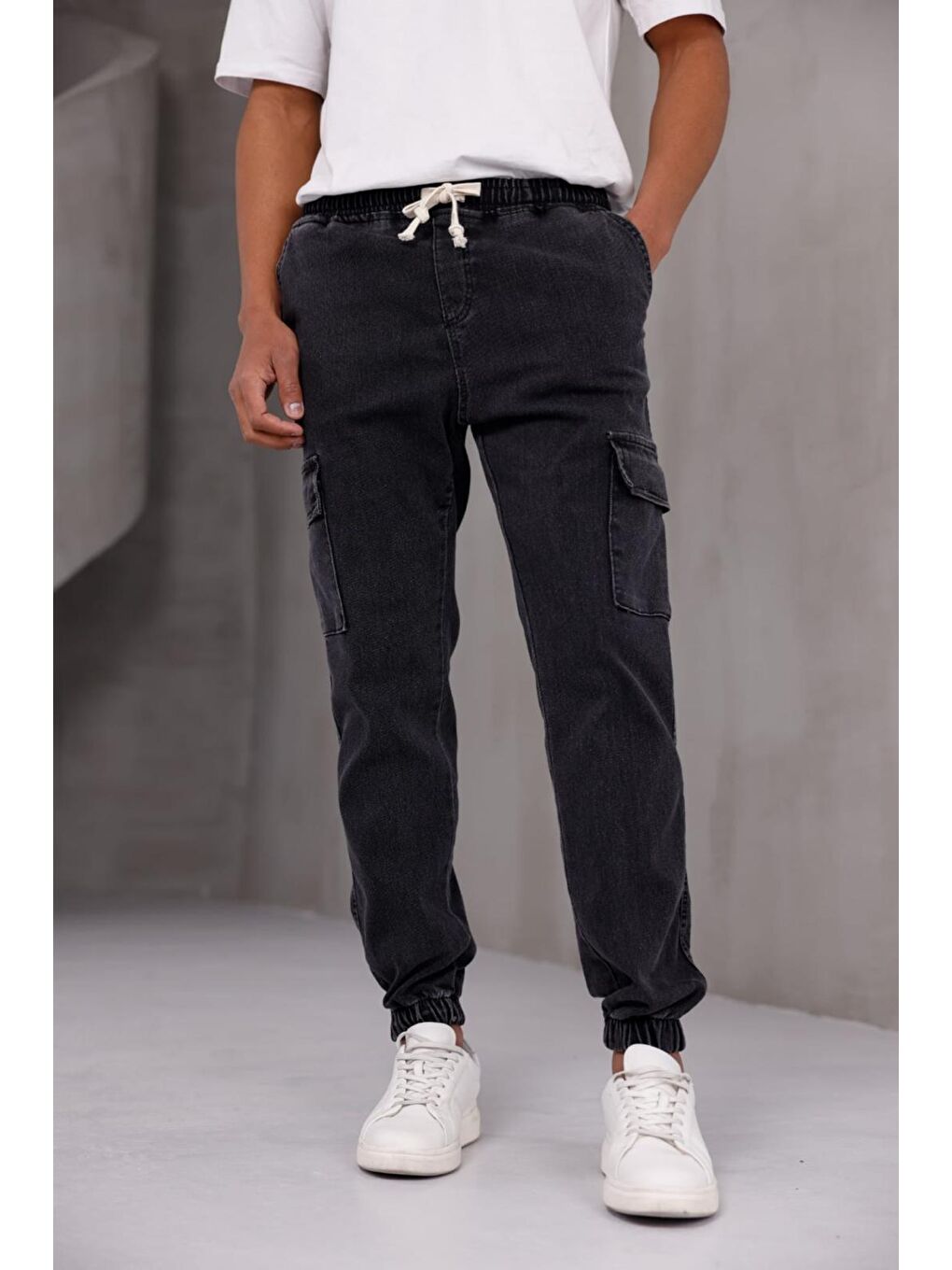 Antrasit Dasser Paçası ve Beli Lastikli Slim Fit Elastanlı Jean Kargo Pantolon-2