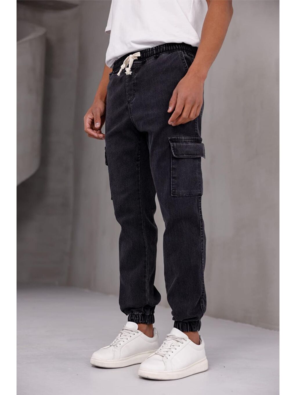 Antrasit Dasser Paçası ve Beli Lastikli Slim Fit Elastanlı Jean Kargo Pantolon-3