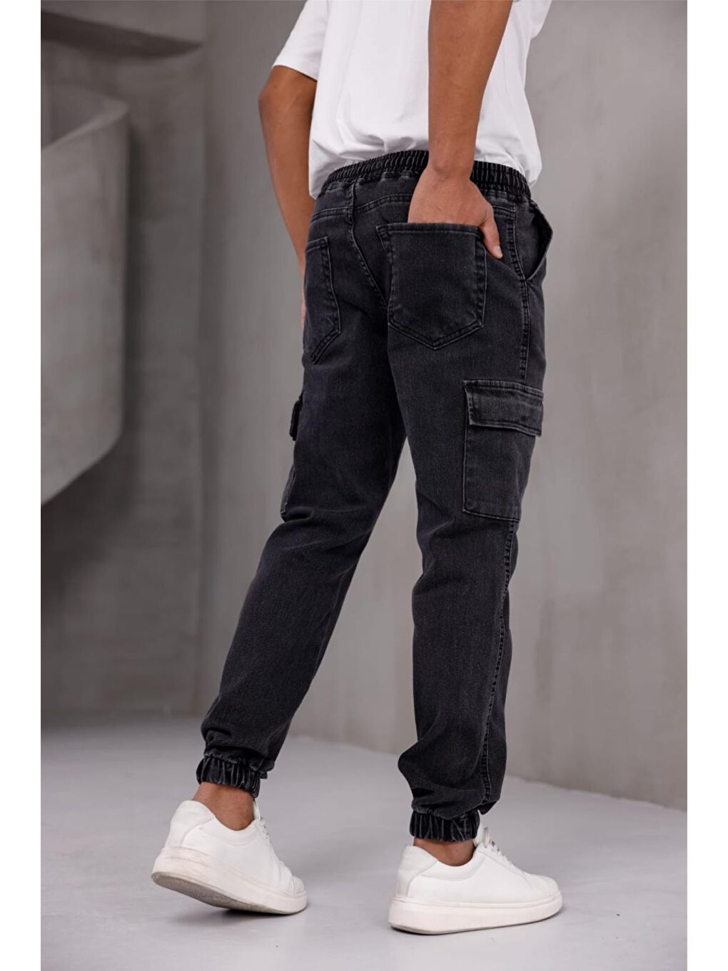 Antrasit Dasser Paçası ve Beli Lastikli Slim Fit Elastanlı Jean Kargo Pantolon-4