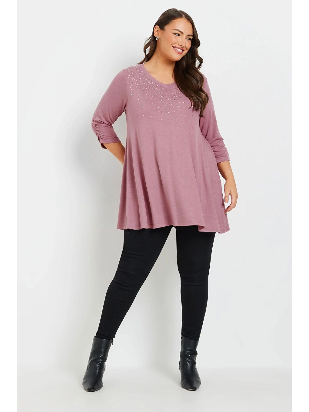 Pembe Büyük Beden V Yakası Taş İşlemeli Kolları Büzgülü Bluz 322296-3