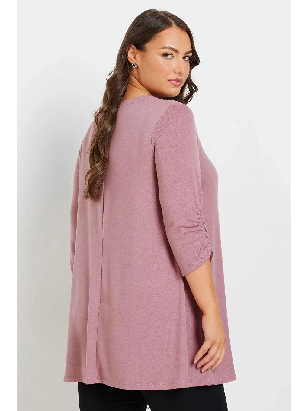Pembe Büyük Beden V Yakası Taş İşlemeli Kolları Büzgülü Bluz 322296-4