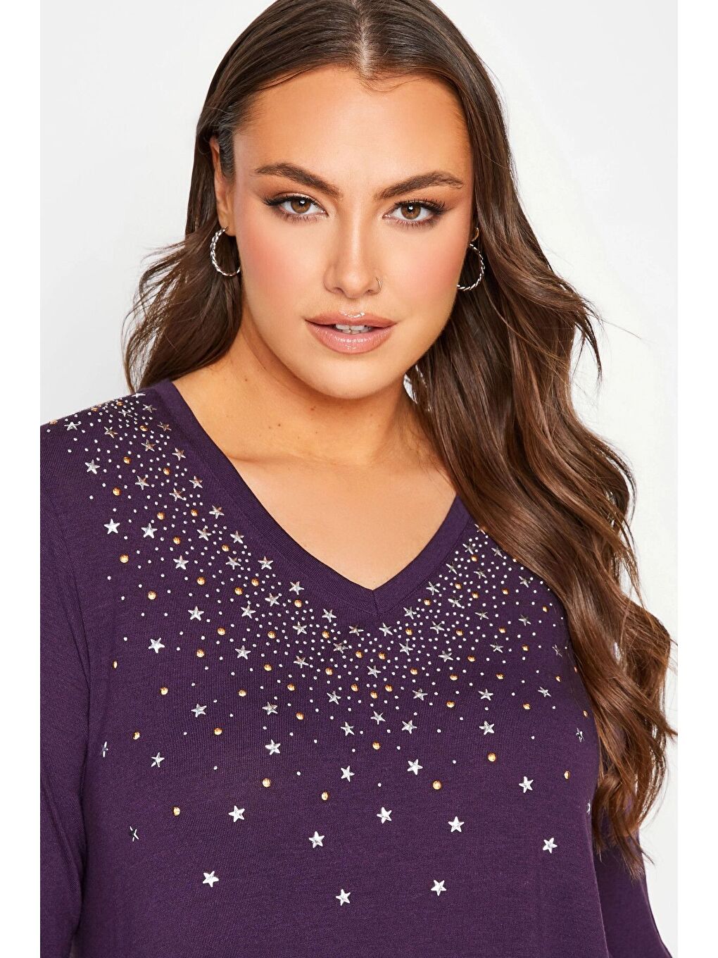 Mor Büyük Beden V Yaka Yarım Kolları Büzgülü Önü İşleme Detaylı Bluz 192760-3