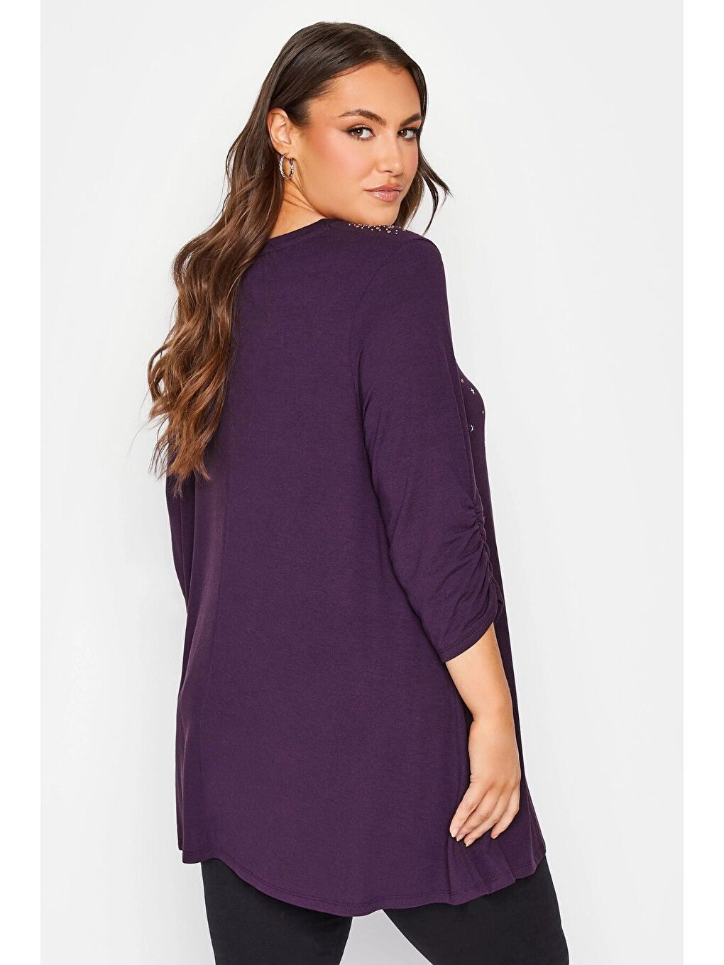 Mor Büyük Beden V Yaka Yarım Kolları Büzgülü Önü İşleme Detaylı Bluz 192760-4