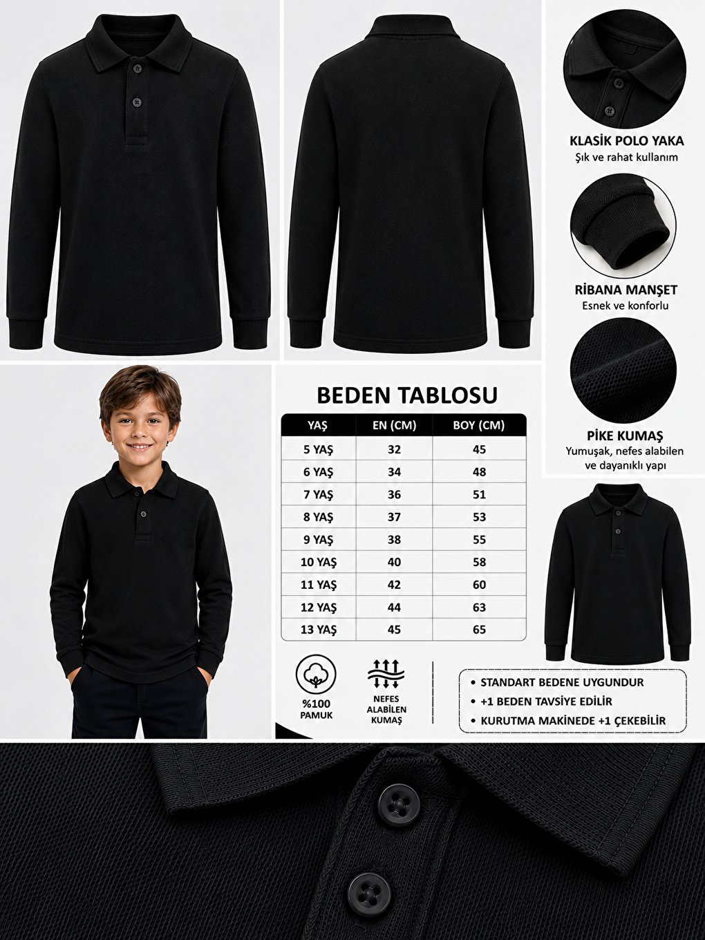 Siyah Kids Polo Yaka Basic Uzun Kollu Unisex Erkek Çocuk Tişört-1
