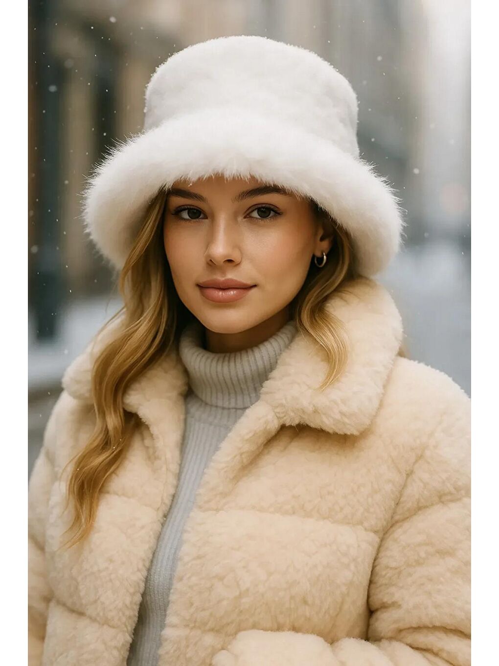 Ekru Kalın Pelüş Kalpak Şapka Bere Sıcak Tutan Dış Mekan Soğuktan Koruma Spk1143-1