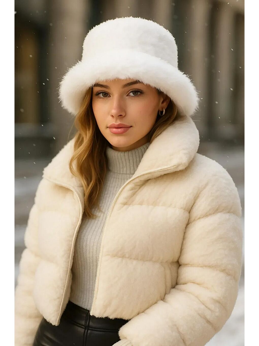 Ekru Kalın Pelüş Kalpak Şapka Bere Sıcak Tutan Dış Mekan Soğuktan Koruma Spk1143-2