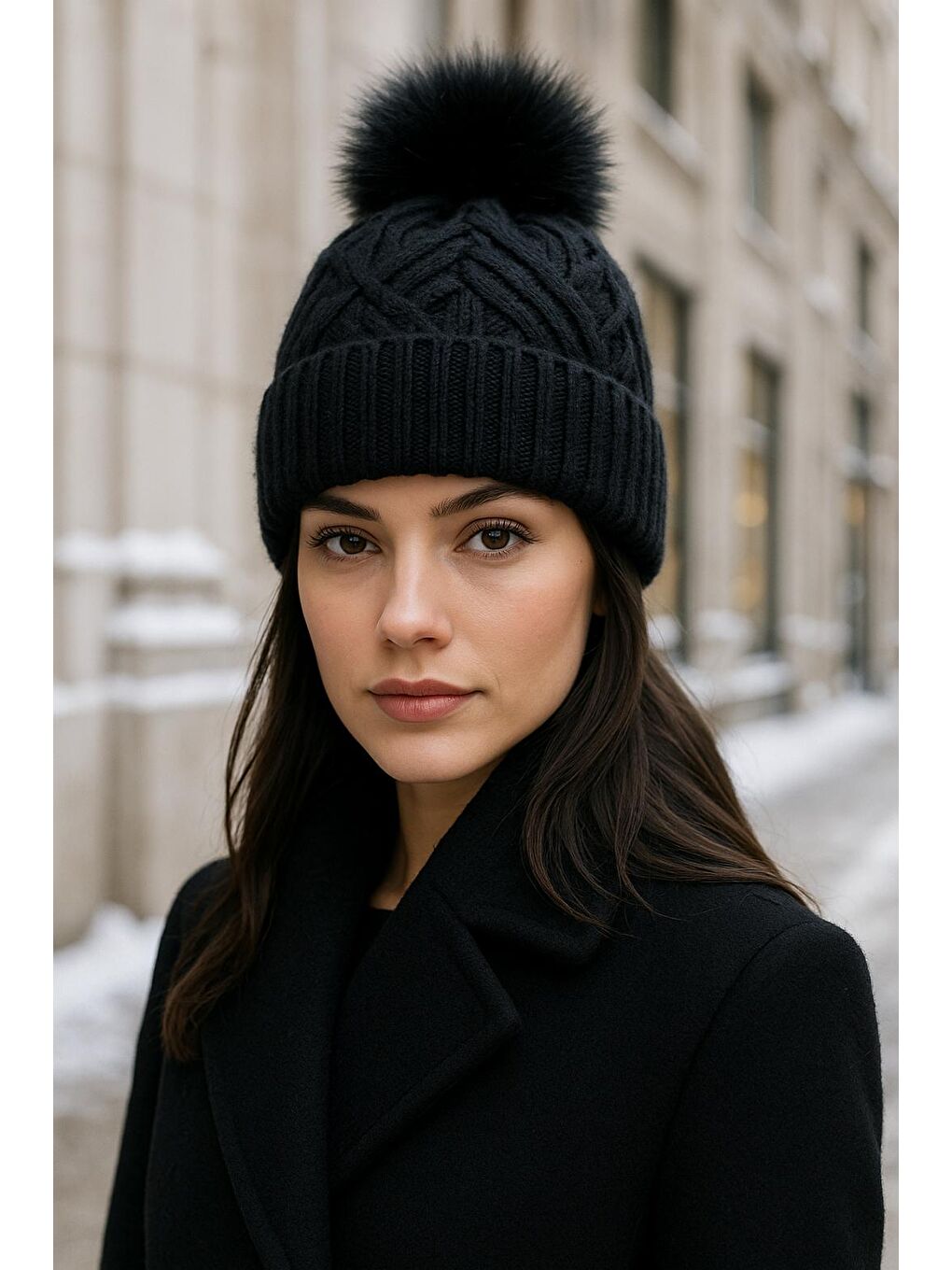 Siyah Içi Yünlü Ithal Triko Örgülü Bere Bere1140