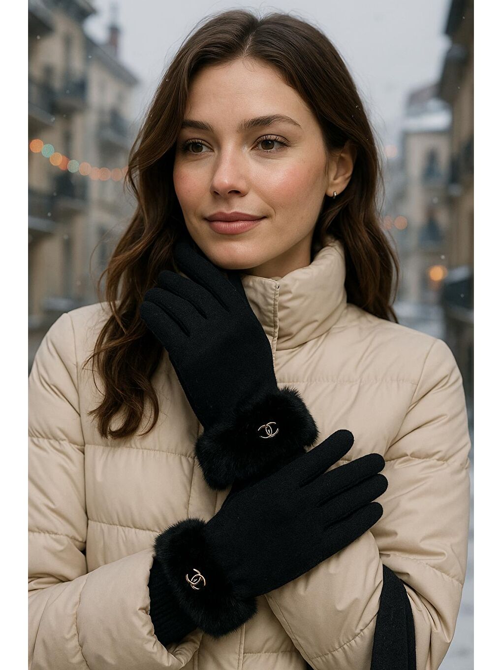 Kadın Bileği Kürklü Dokunmatik Siyah Eldiven ELD29