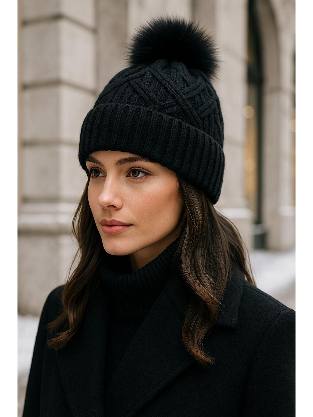 Siyah Içi Yünlü Ithal Triko Örgülü Bere Bere1140-1